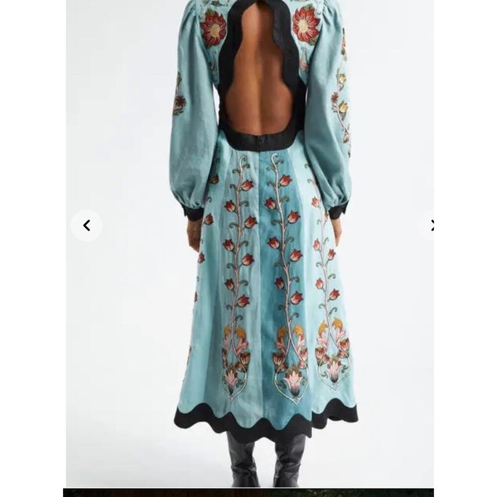 New! Farm Rio Flowing Beauty Blue Embroidered Long Sleeve  A-Linen Dress SzS - Picture 7 of 11